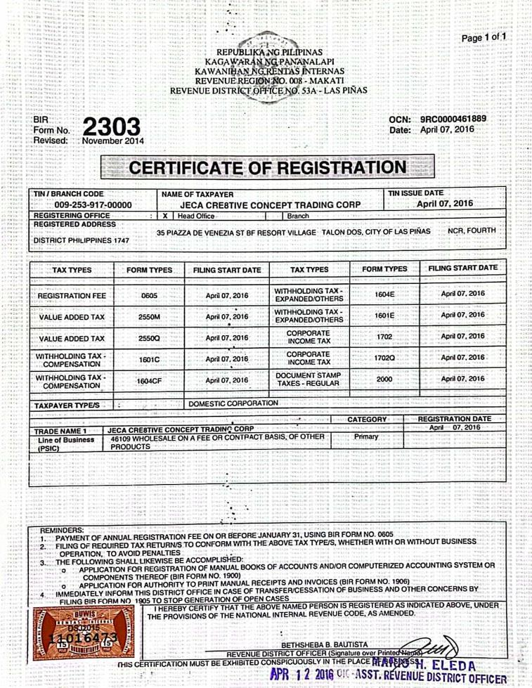 BIR Certificate of Registration (Form 2303) — TIN 009-253-917-00000