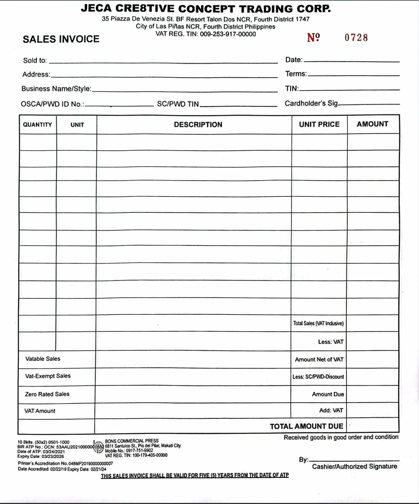 BIR-Accredited Sales Invoice — VAT Reg. TIN 009-253-917-00000