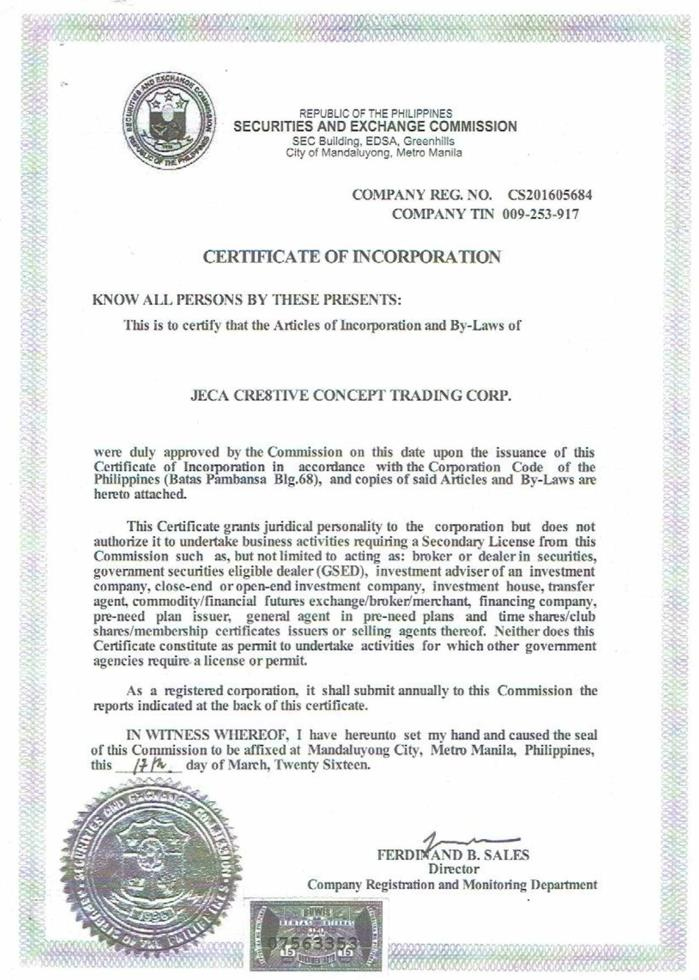 SEC Certificate of Incorporation — Company Reg. No. CS201605684